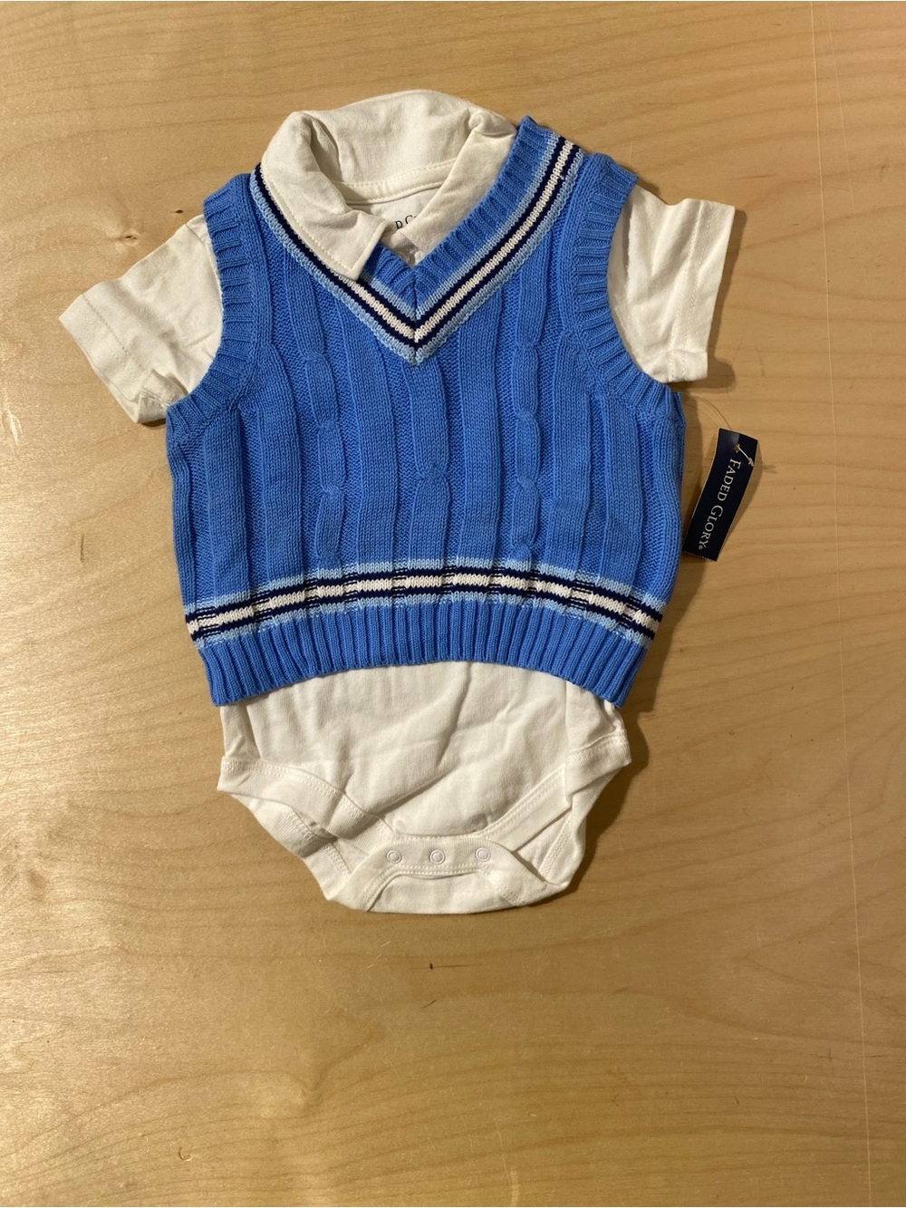 Faded Glory Blue Cable-Knit Vest Bodysuit with White Polo 3-6 Months (SX)